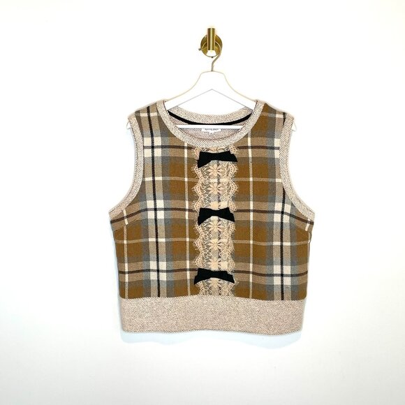 Acadamia | Anthropologie Tan Knit Sweater Vest Ribbon Bow | Feminine Romantic - Picture 6 of 14